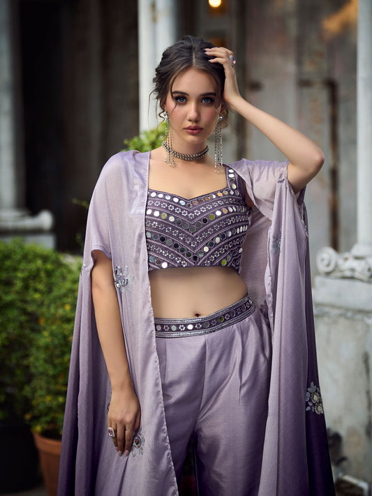 Purple Self Weaving Chinnon Crop Top Party Wear Set