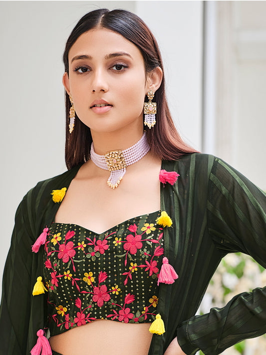 Olive Green Color Mirror Embroidery Georgette Palazzo