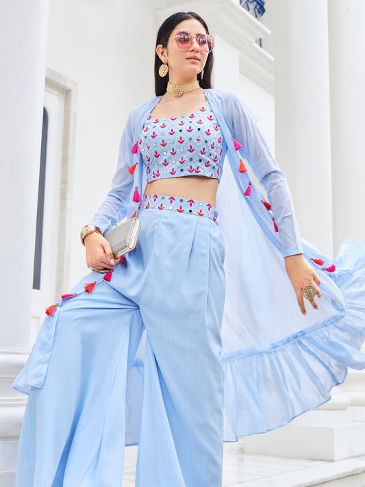 Sky Blue Color Mirror Embroidery Georgette Palazzo