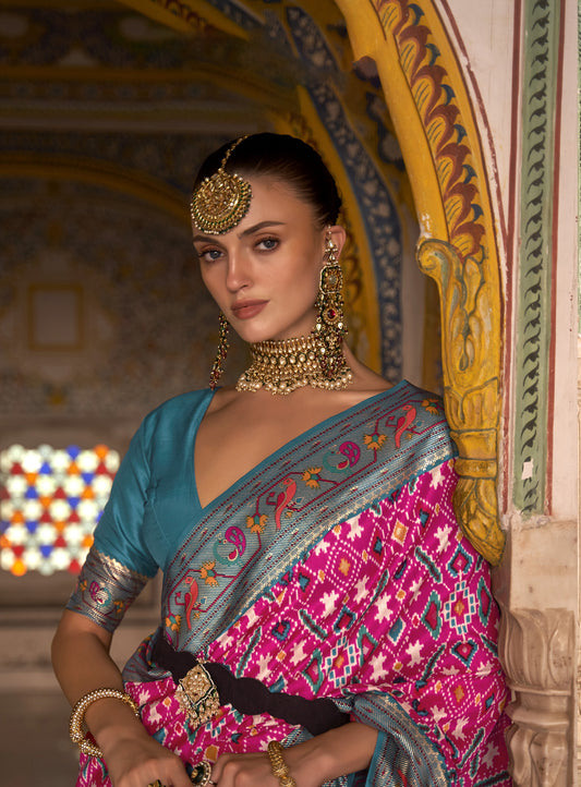 Pink and Blue Color Patola Paithani Silk Saree for Mehendi