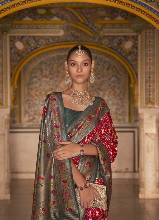 Red and Green Color Patola Paithani Silk Saree