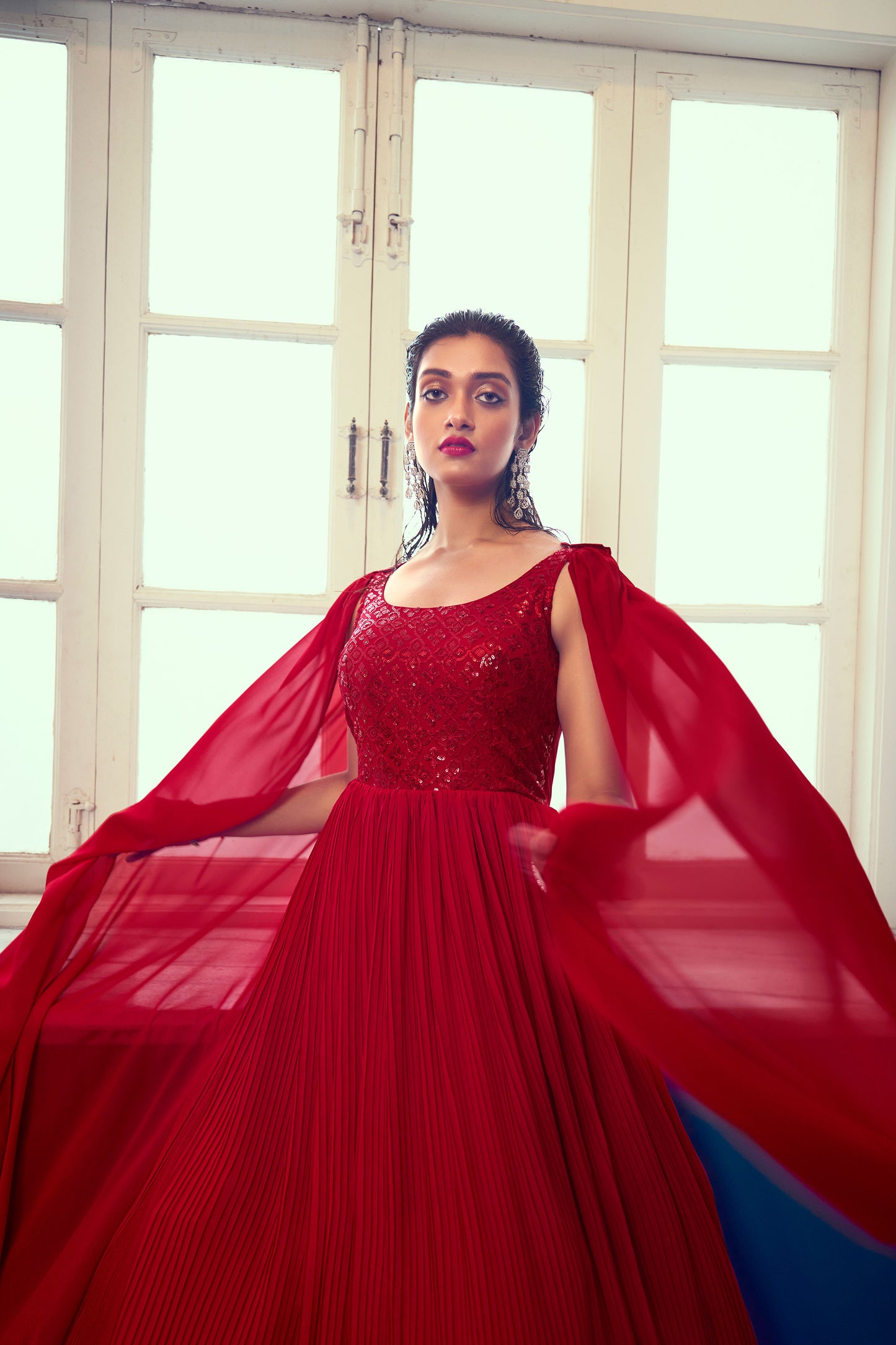 Red Georgette Sequins Work Cocktail Gown