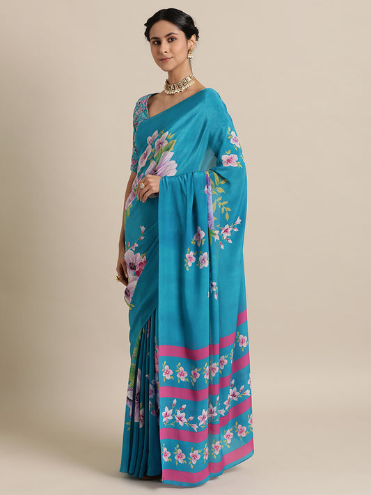 Flowered Fiesta in Natural Crepe Teal Blue Saree