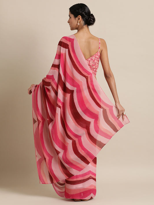 Symphony of Scallops in Viscose Georgette Pink Saree