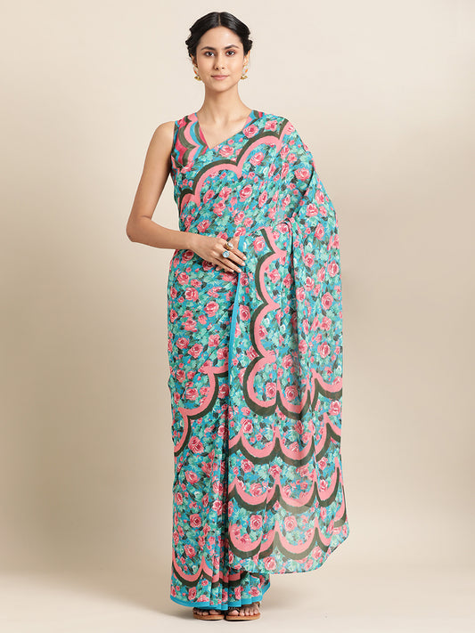 Scalloped Rose Garden Saree in Viscose Georgette Teal Blue Saree