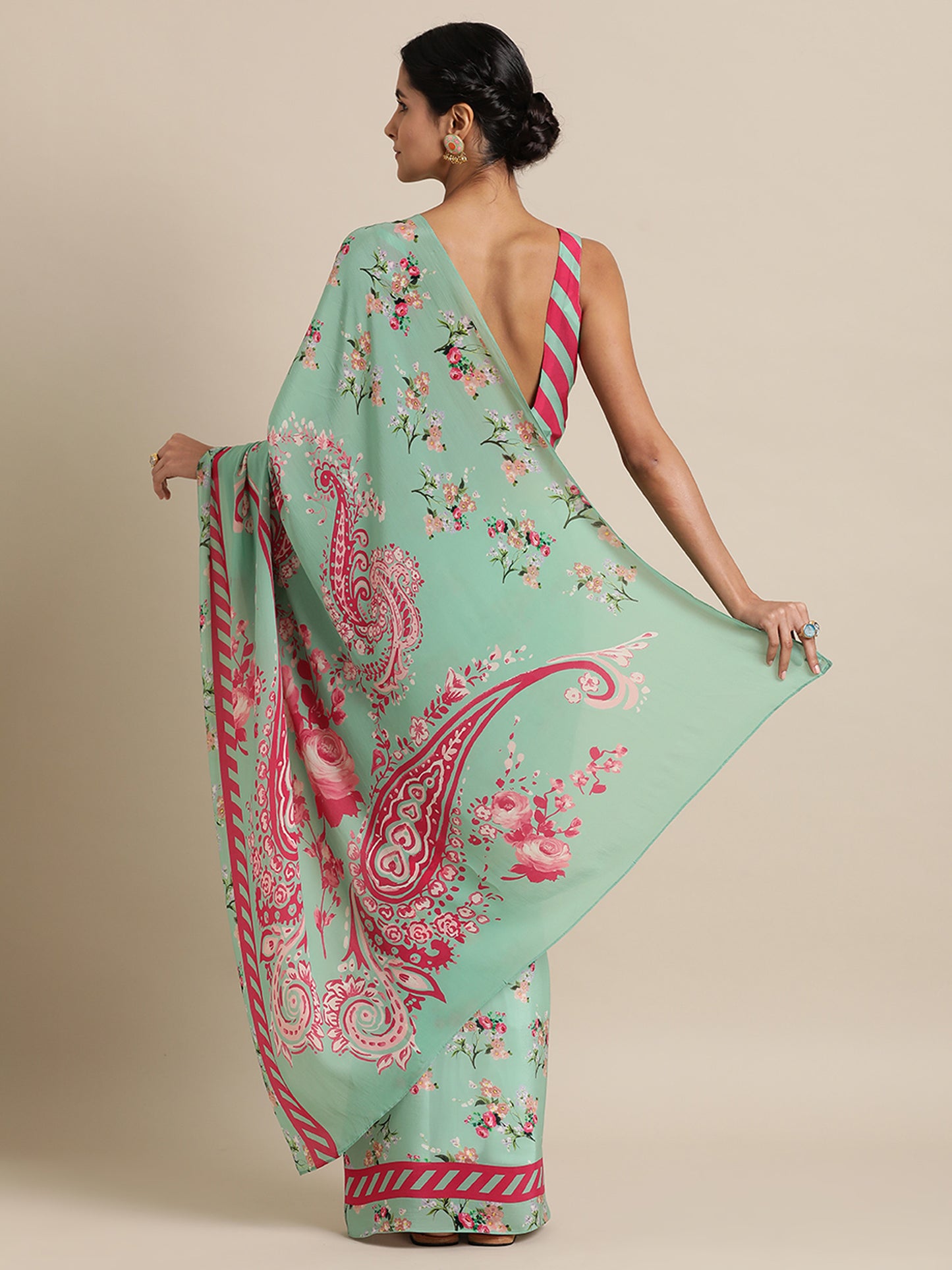 Paisley Bloom in Natural Crepe Mint Green Saree
