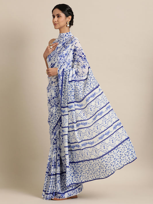 Blooming Lattice in Natural crepe White Saree