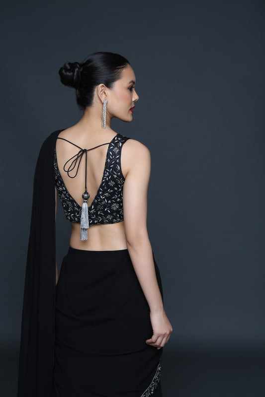 Black Pre Draped Ruffle Saree - Sanjeev Marwaaha