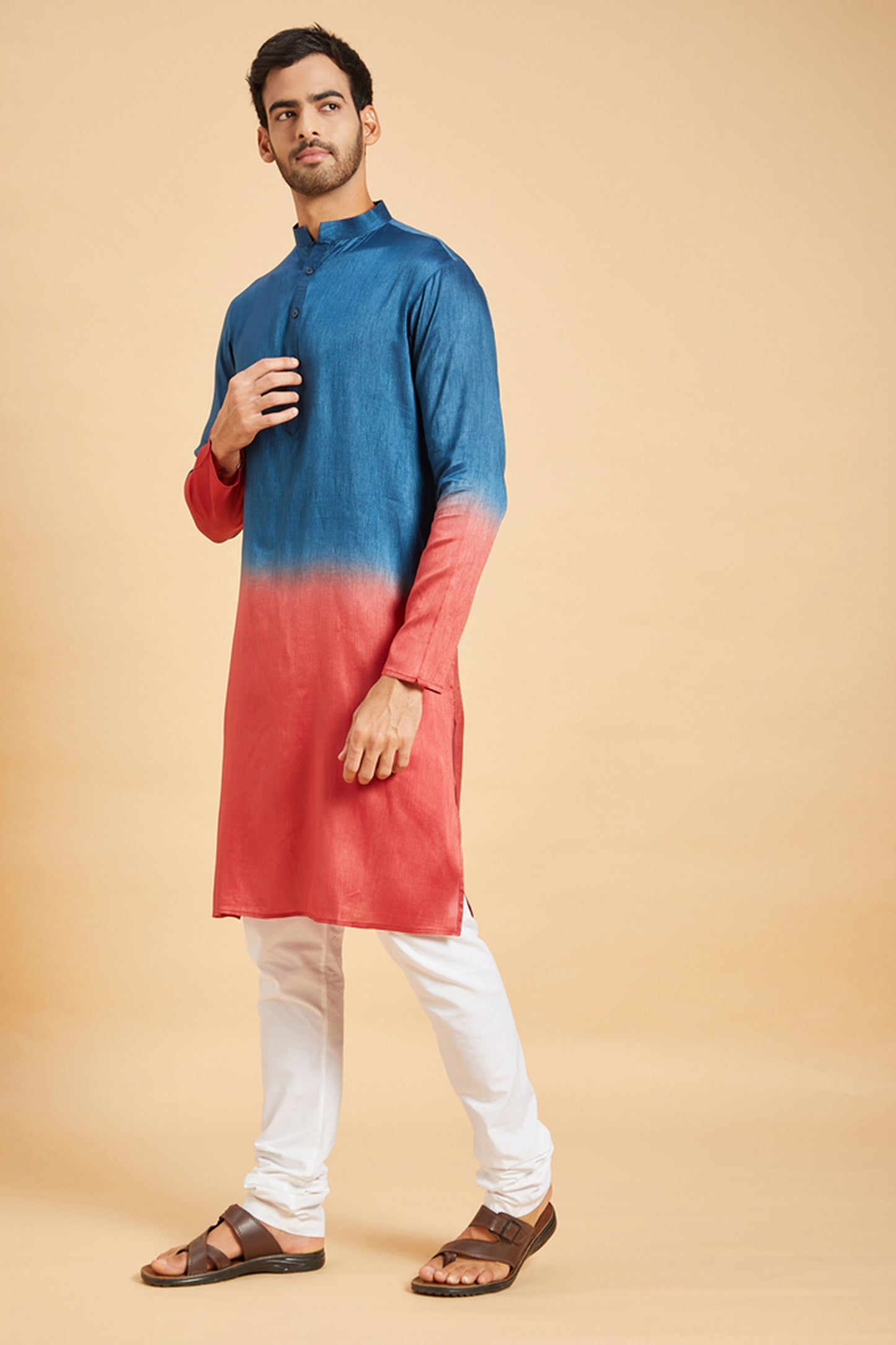 Blue & Red Raw Silk Ombre Festive ( only Kurta )