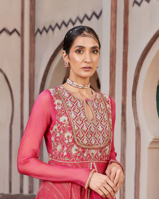 Mughal Red Raw silk Hand Embroidered Gown for Sangeet