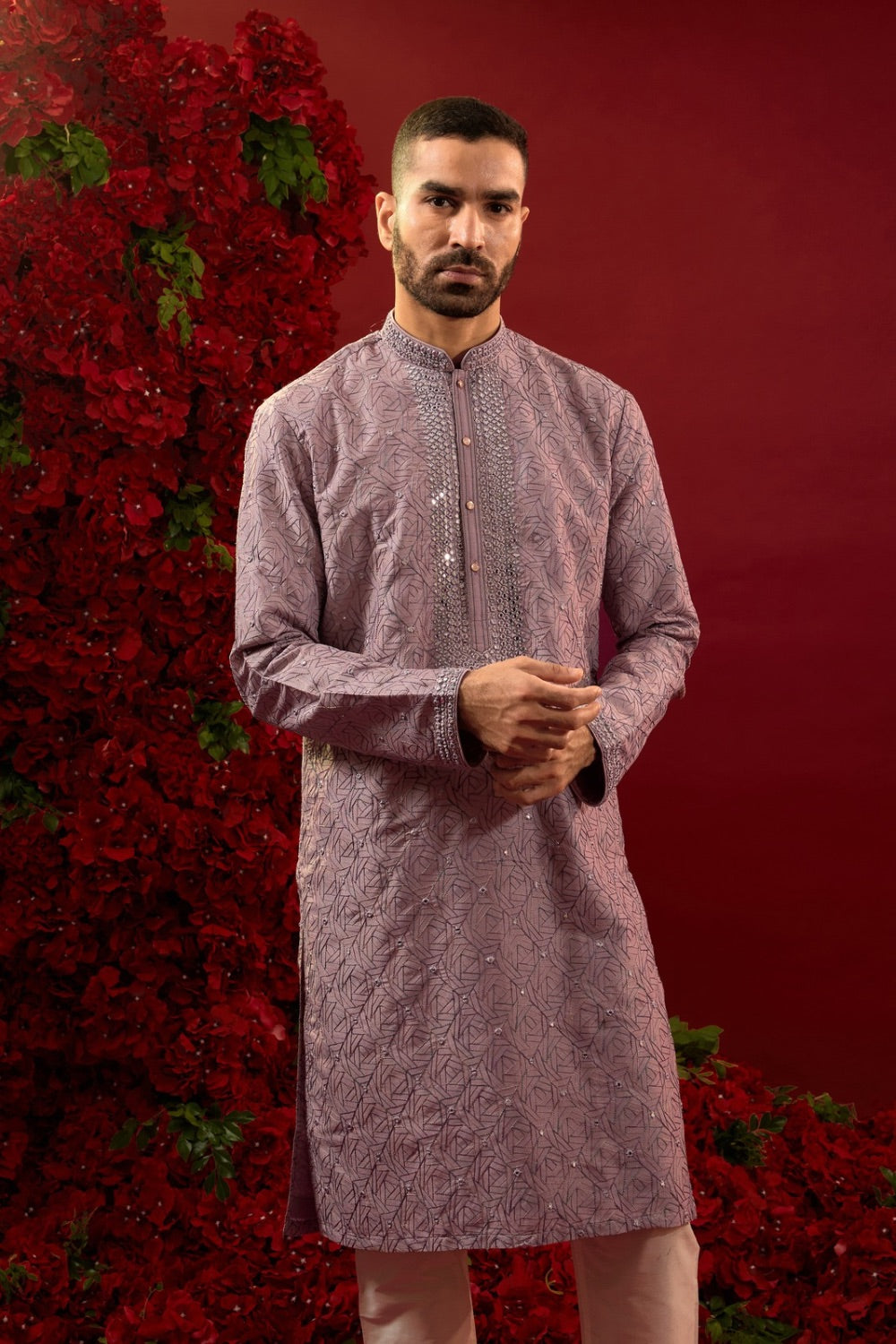 Lilac silk kurta and pajama with machine work