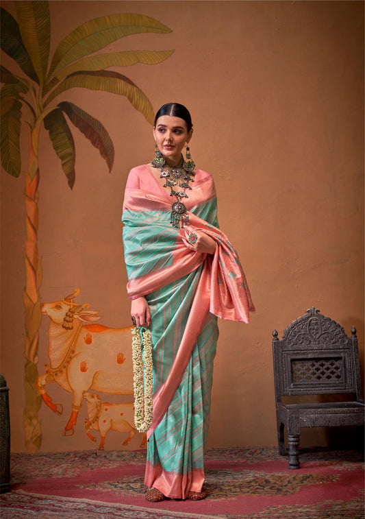 Light pink and mint green Kalamari Handloom Silk Saree