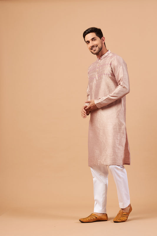 Beige Brown Semi Raw Silk Machine Embroidery Casual ( only Kurta )