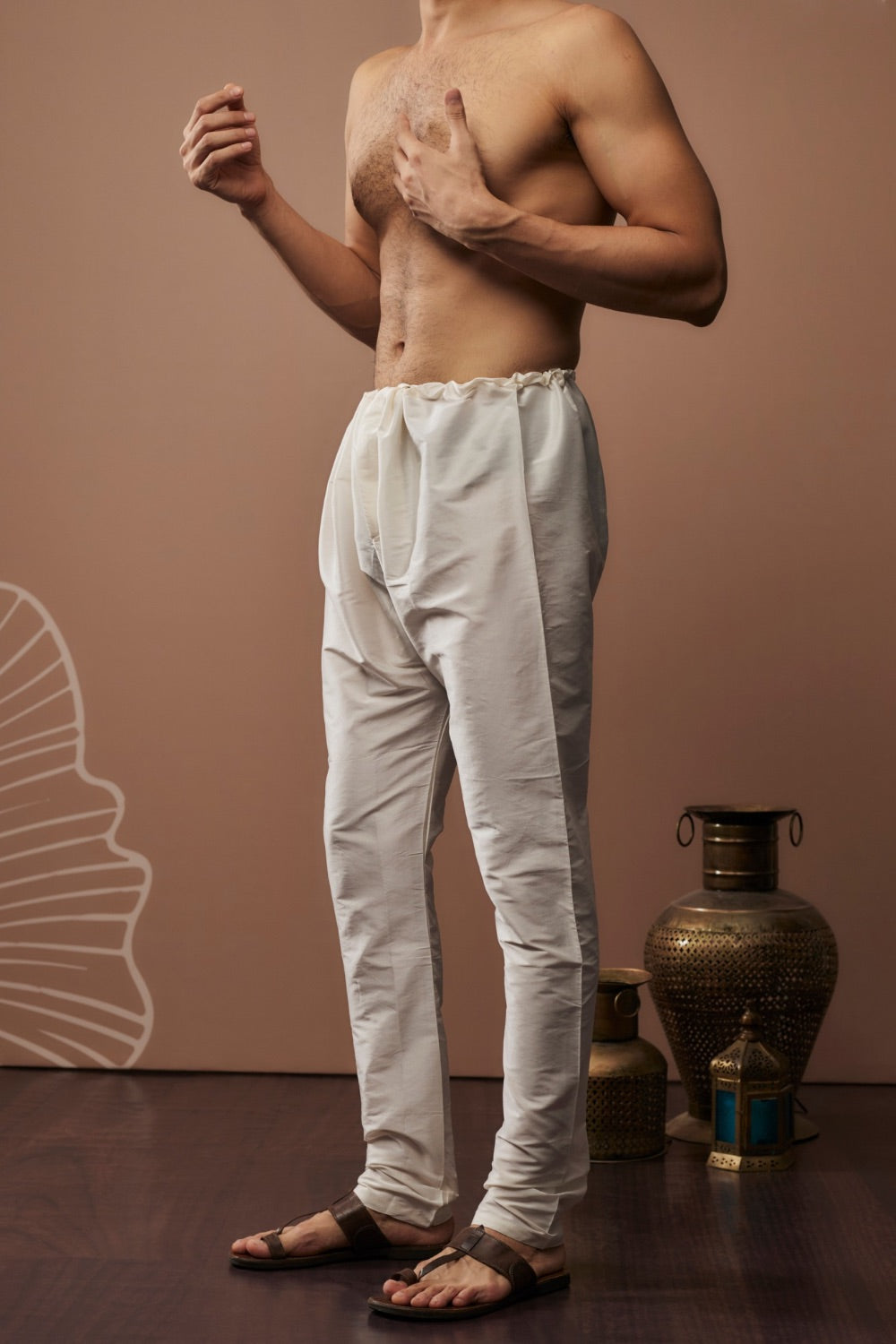 Beige silk kurta set with hand and machine work