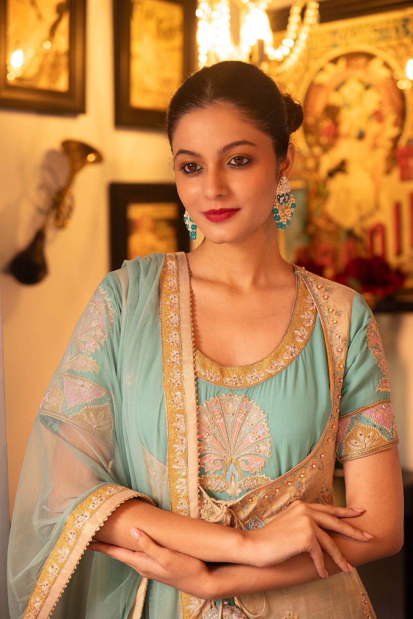 Pietra Dura Turquoise Georgette Machine Embroidered Bridesmaid Anarkali