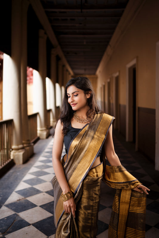 Black tissue linen saree with unstitched blouse