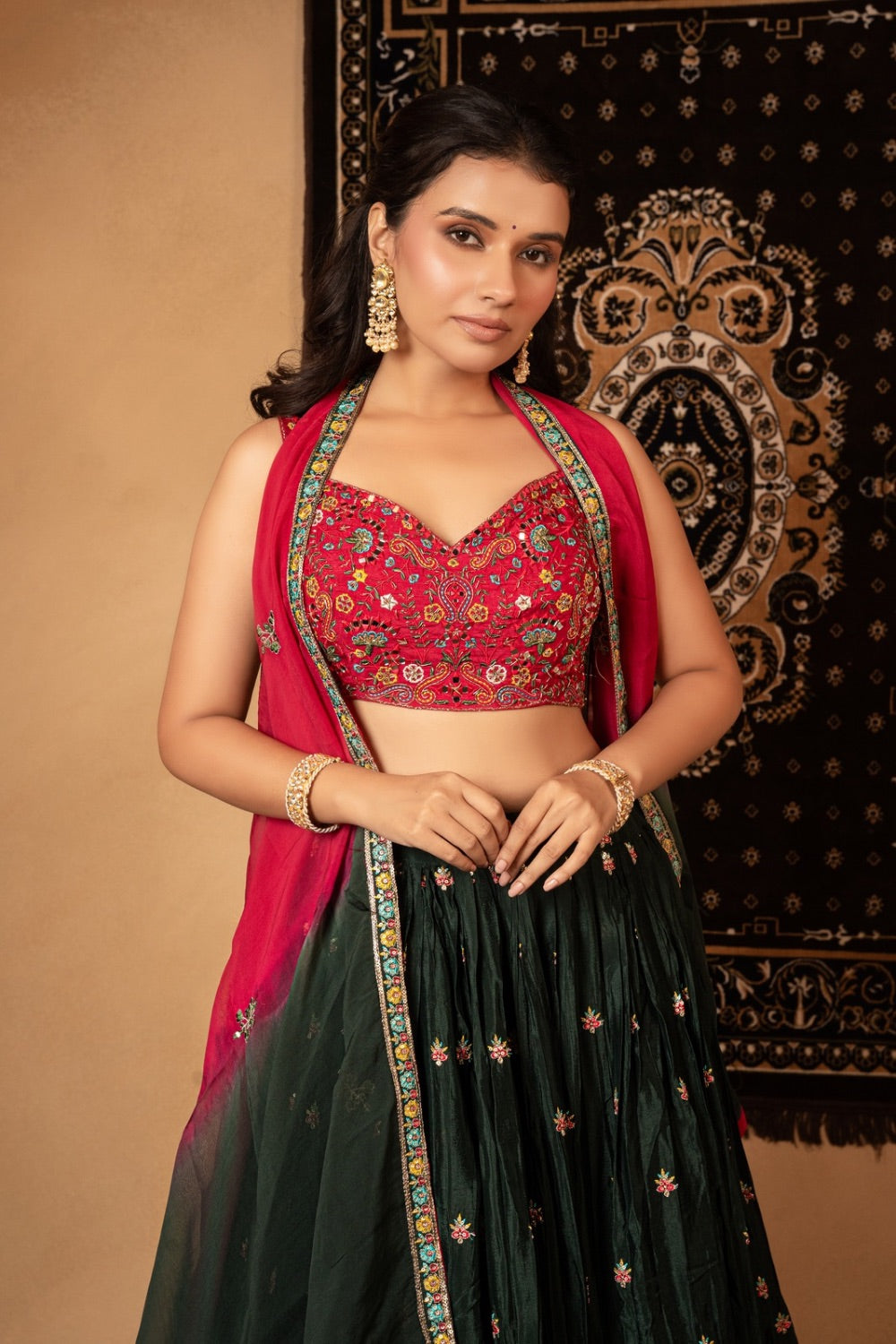 Green georgette lehenga choli with resham, tikki, and moti work