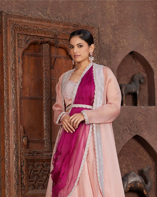 Art Deco Peach Organza Hand Embroidered Bridesmaid Lehenga