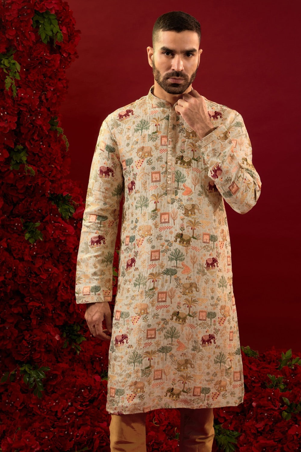Cream silk kurta pajama with multicolour machine work