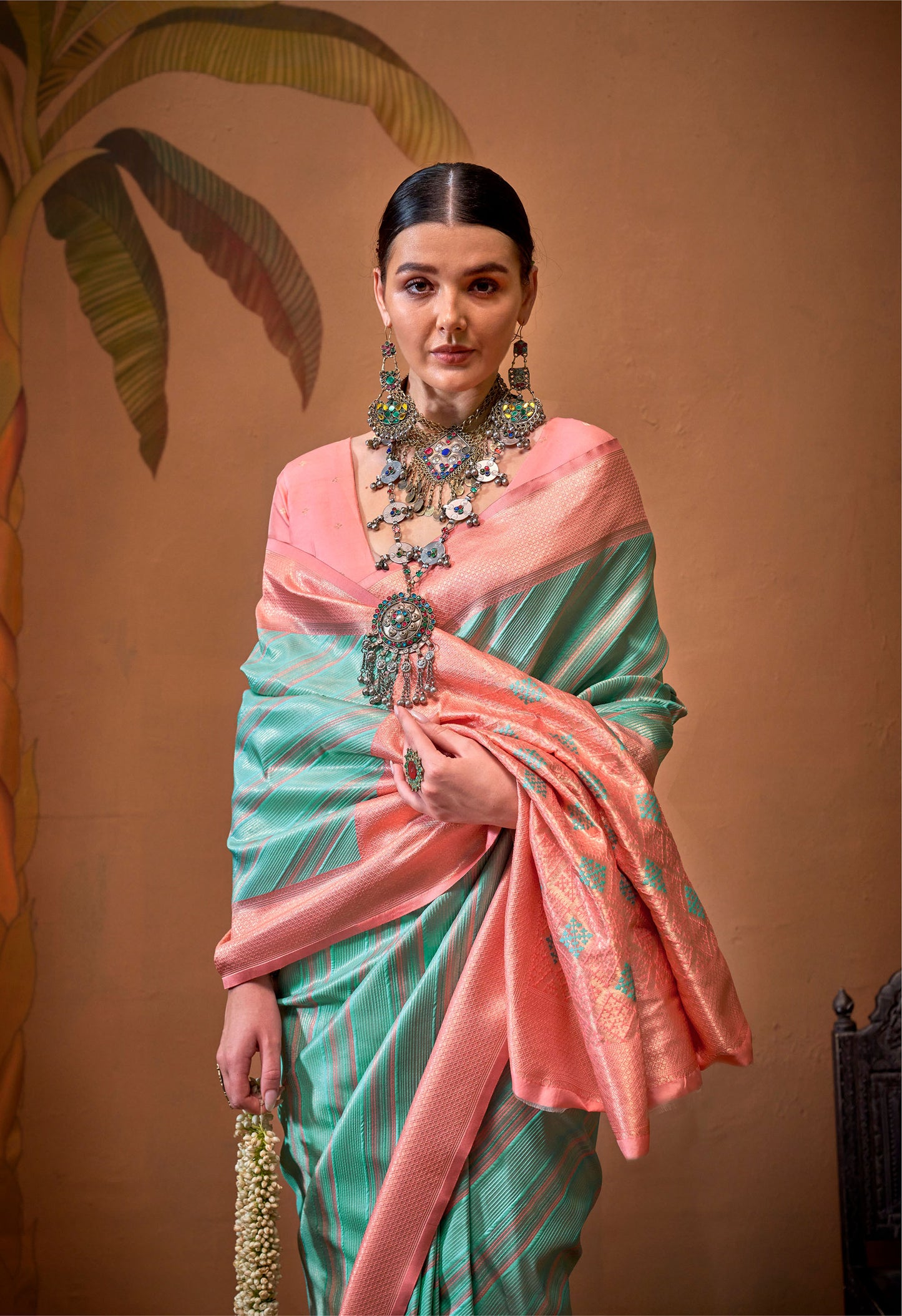 Light pink and mint green Kalamari Handloom Silk Saree