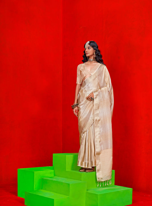 Beige Kontigo Pure Viscose Zari Tissue Saree