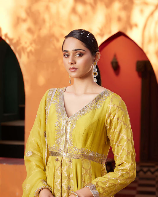 Mughal Mustard Raw silk Hand Embroidered Haldi Anarkali set