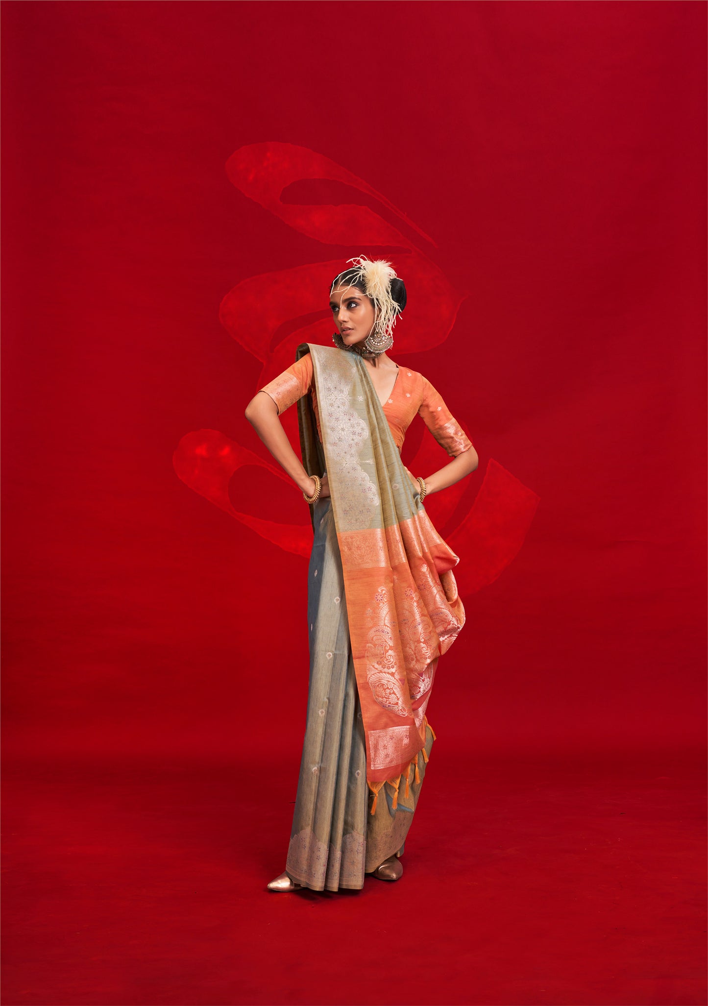Coral Kontessa Tussar Silk Handloom Saree with ikkat Pallu