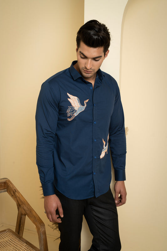 Navy Blue Poplin Lycra Cran Embroidered Festive Shirt