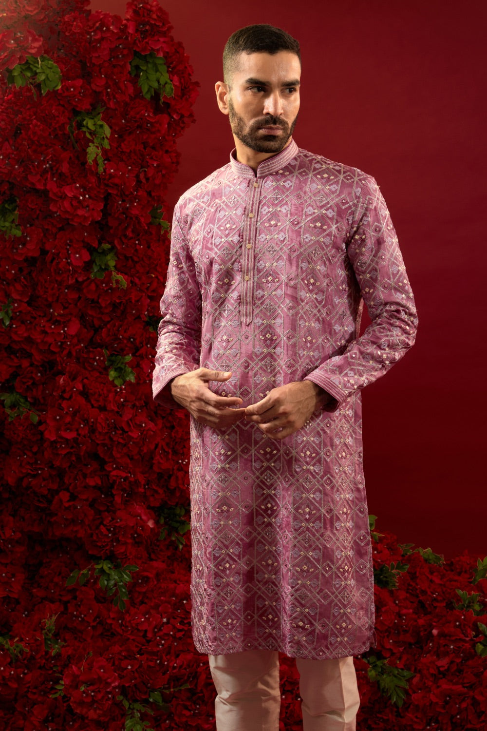 Light purple silk kurta & pajama with machine work