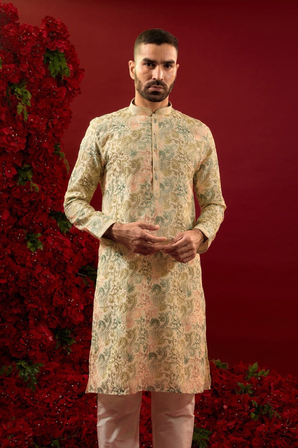 Green silk kurta with machine work