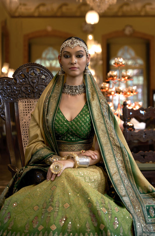 Green and Gold Color Mirror Work Bridal Lehenga
