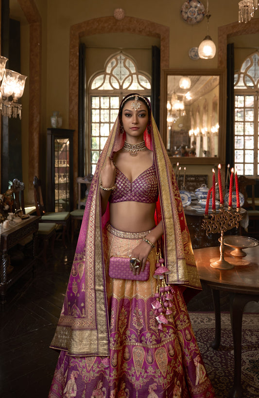 Purple and Yellow Silk Stone Work Bridal Lehenga