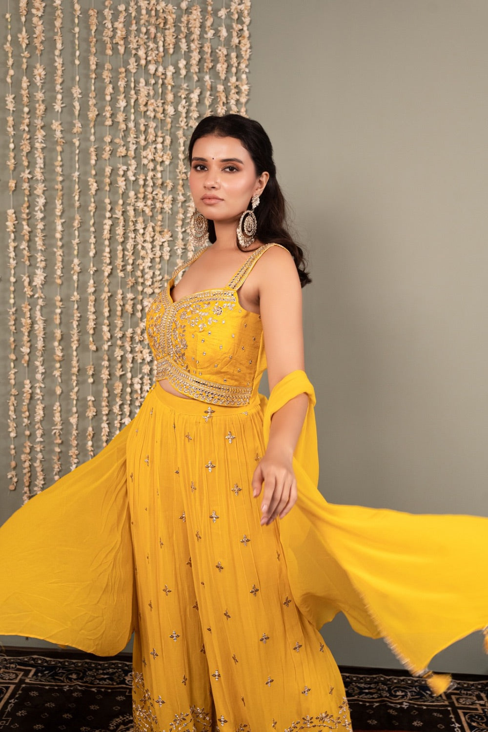 Yellow Indo western with machine and mirror work