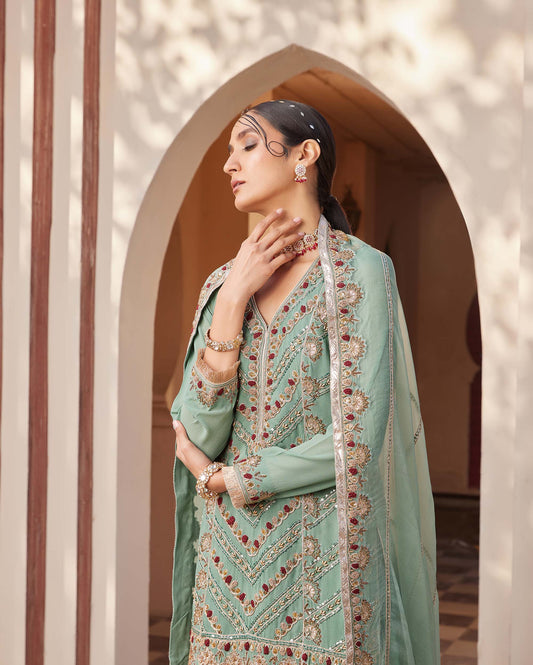 Mughal Olive Green Georgette Silk Hand Embroidered Mehendi Sharara