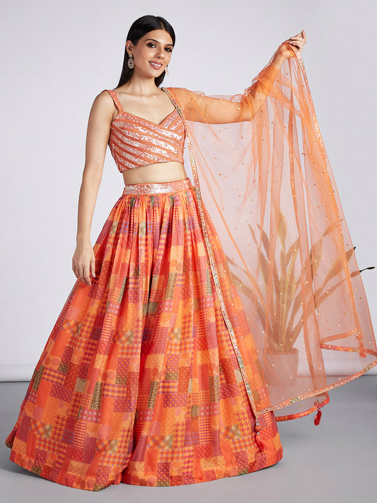 Orange colour Organza Treditional design digital print Lehenga
