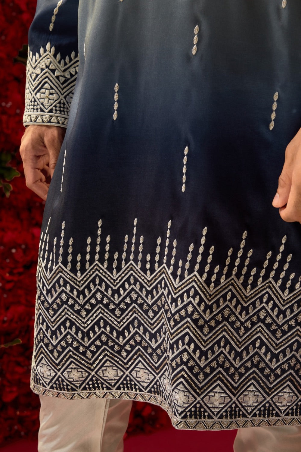 White and navy blue ombre silk kurta with machine work