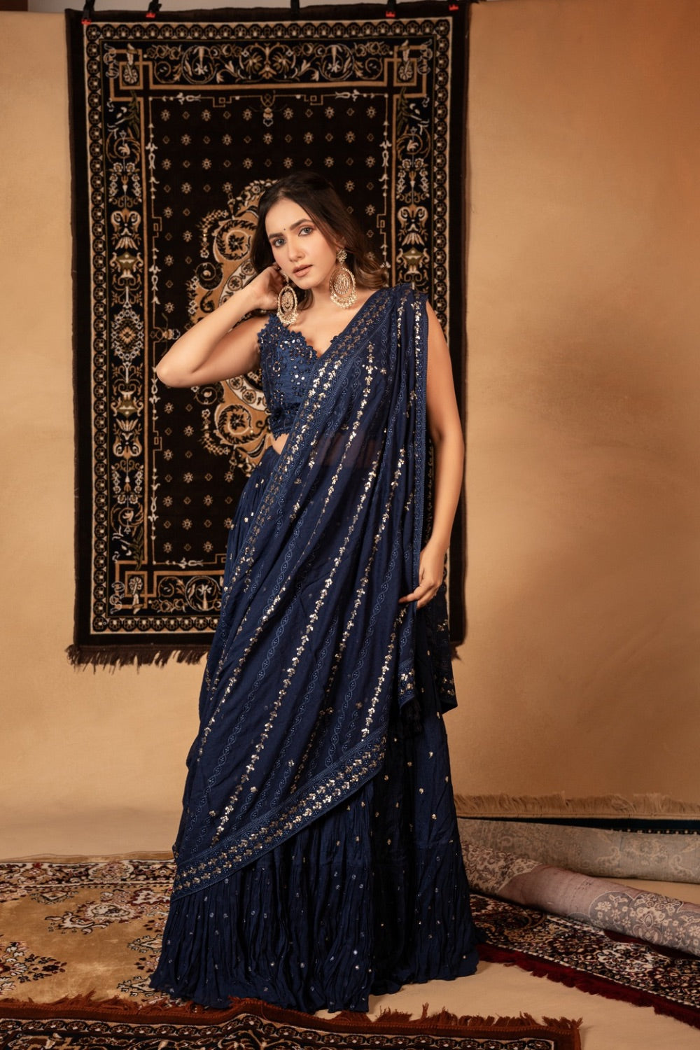 Royal blue georgette lehenga with foil work