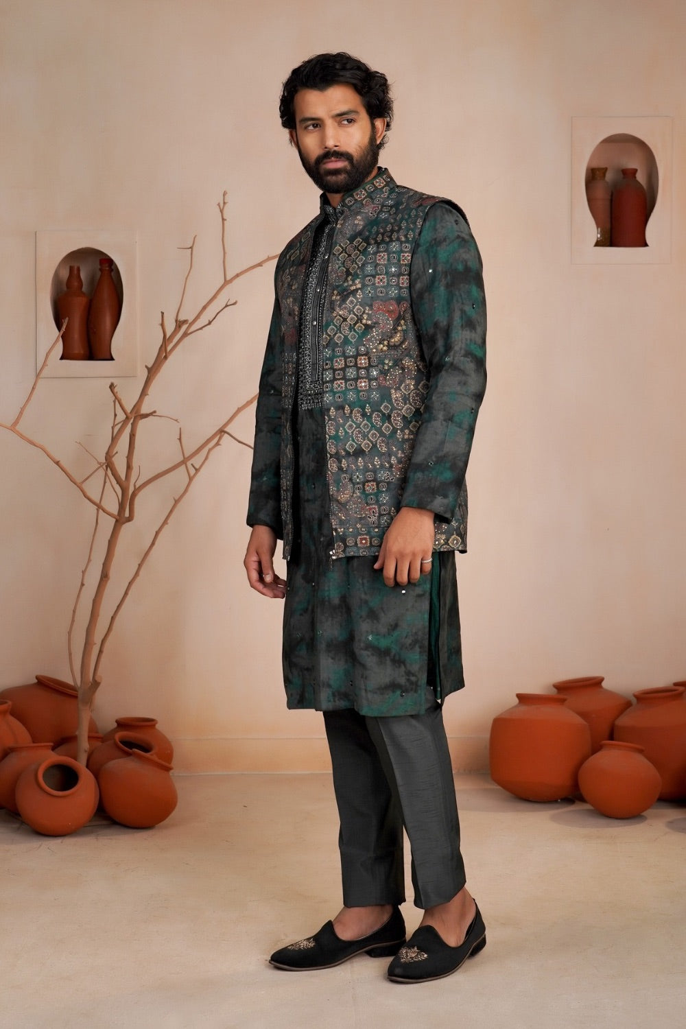 Bottle green silk koti kurta set
