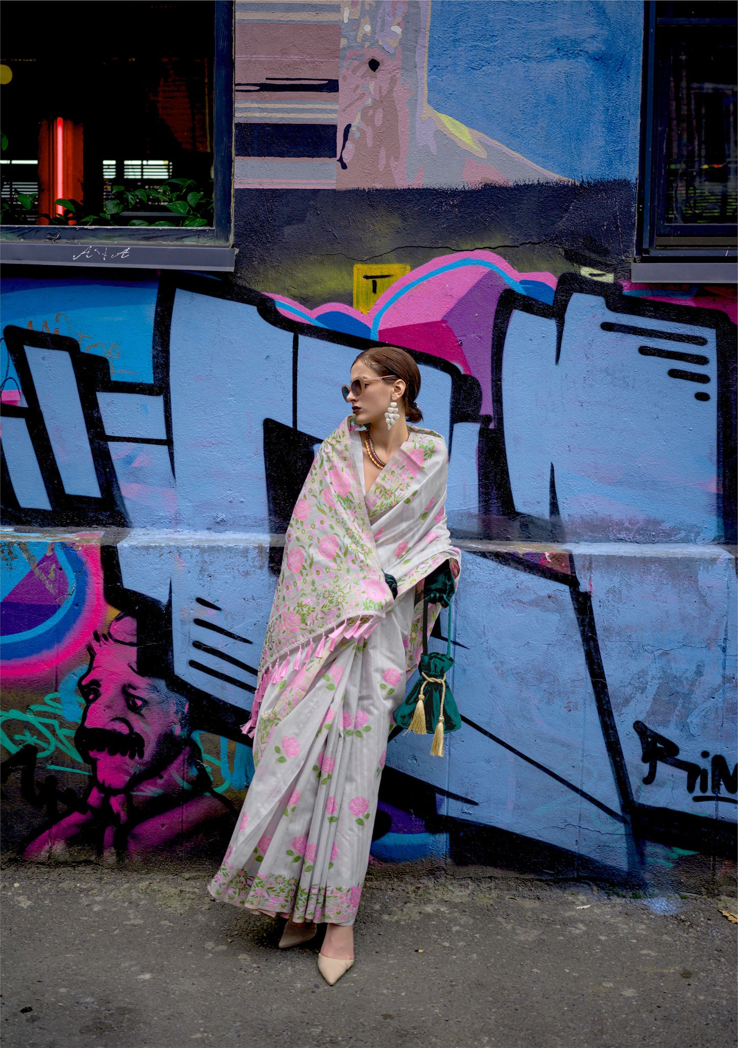 Grey Krafitti Parsi weave handloom Silk Saree
