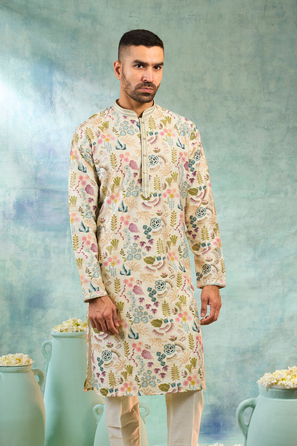 White silk kurta with multicolour embroidery work
