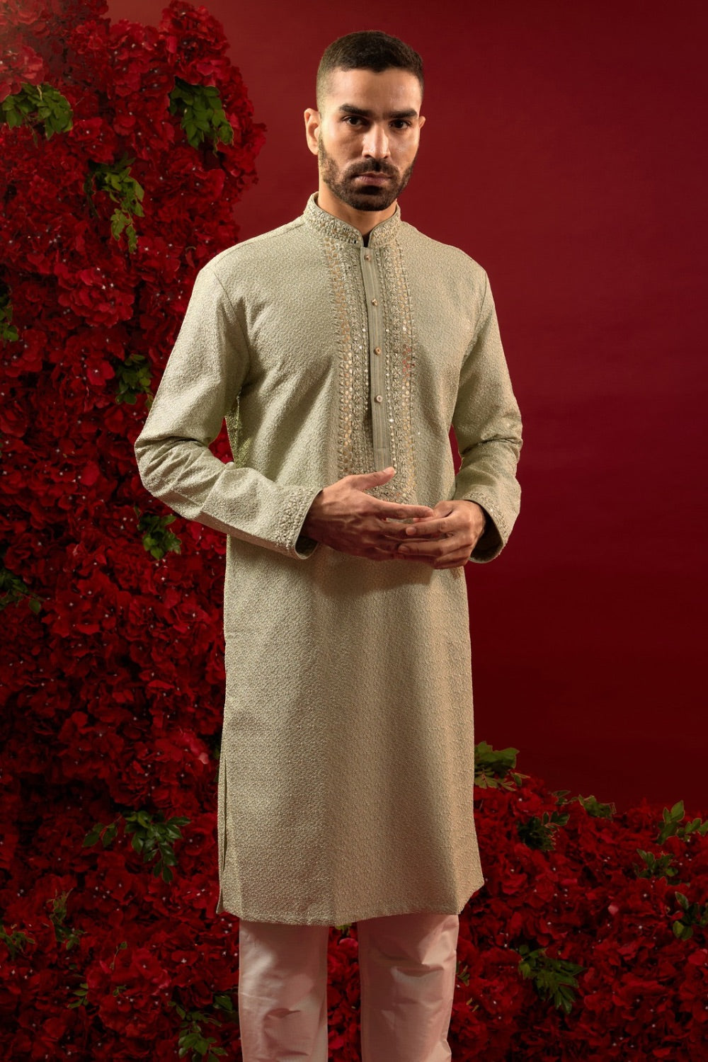 Pista green silk kurta & pajama with hand and machine work