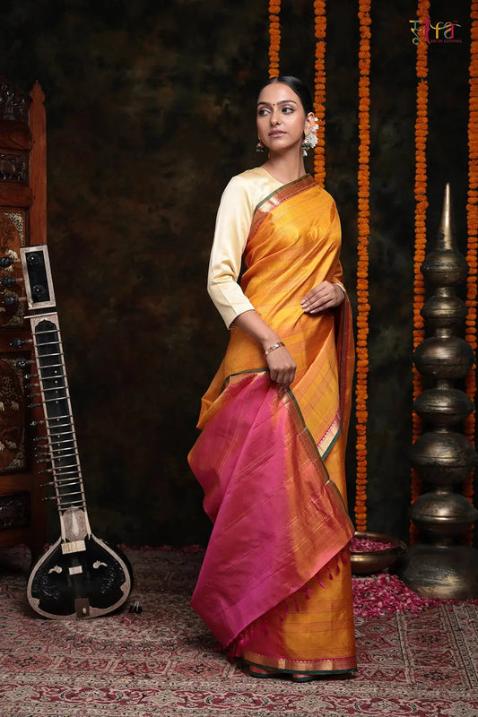 Yellow Handloom Kanchipattu Saree With Gold Zari Border