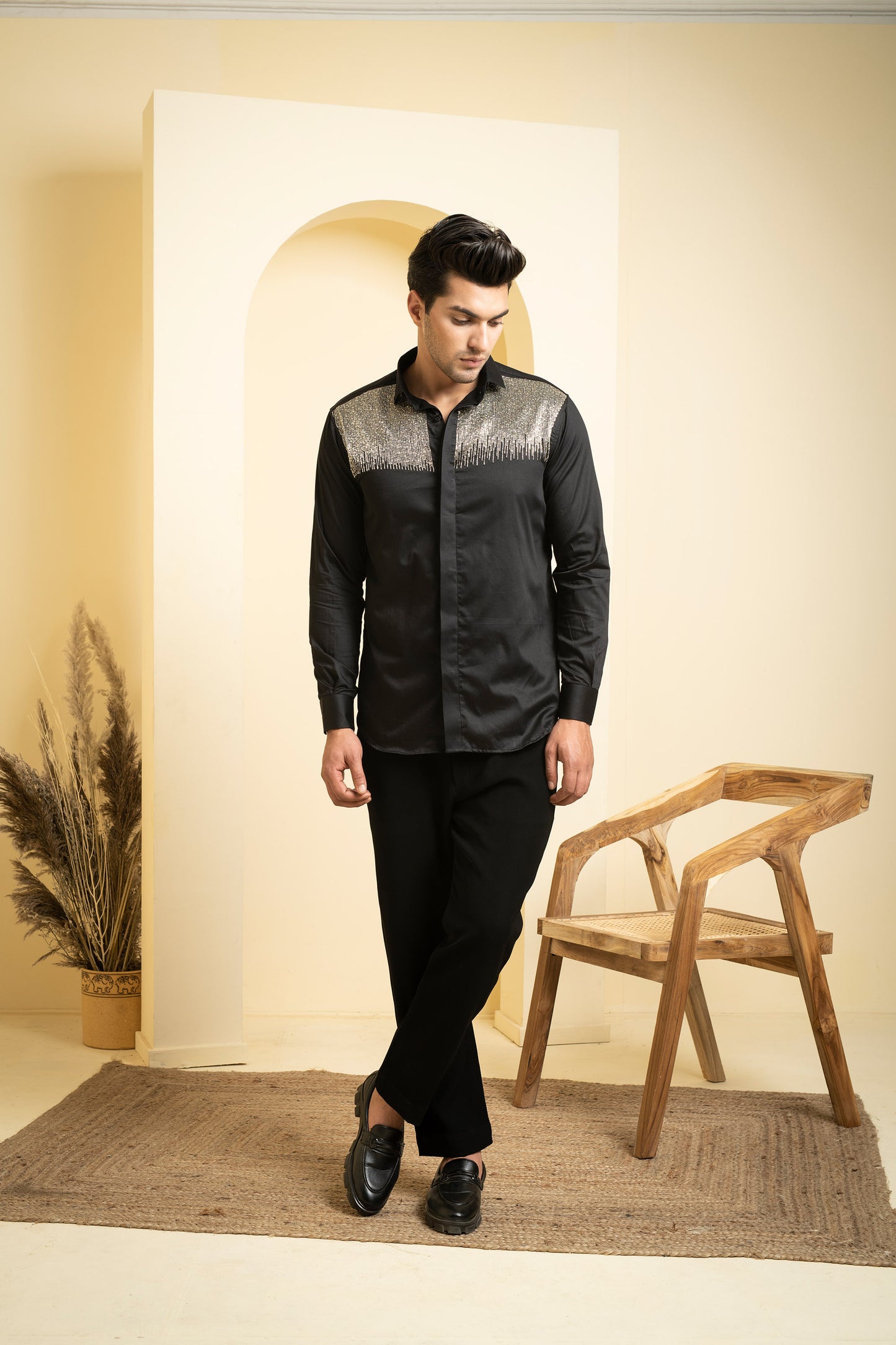 Black Giza Cotton Glare Sangeet Shirt