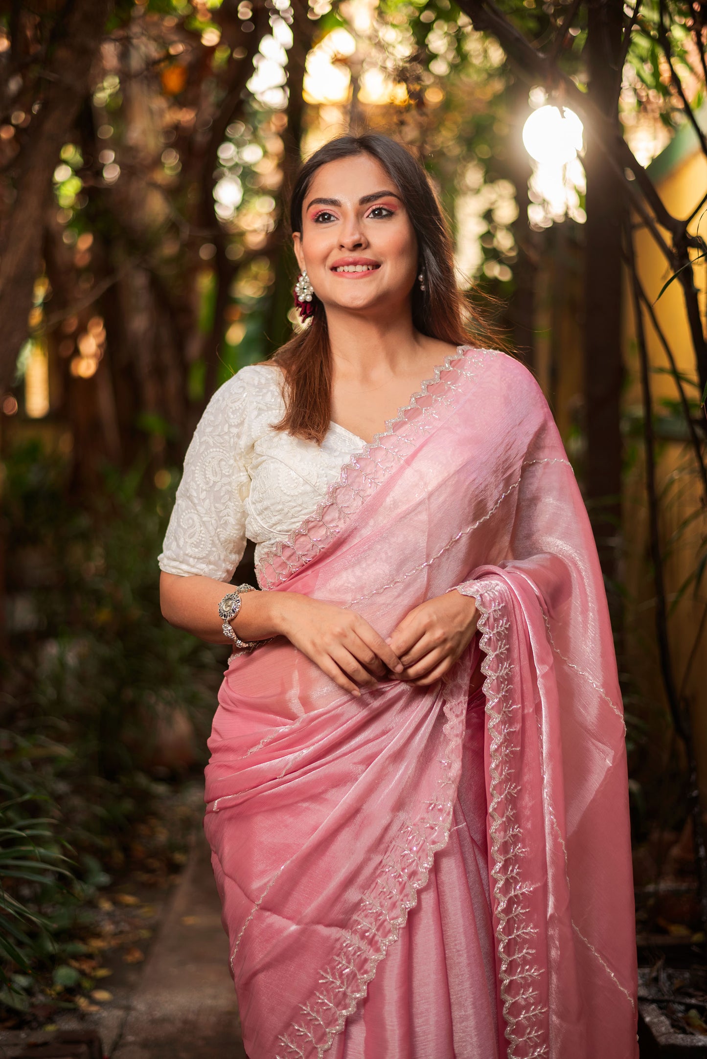 Pink handwork jimmychoo organza saree