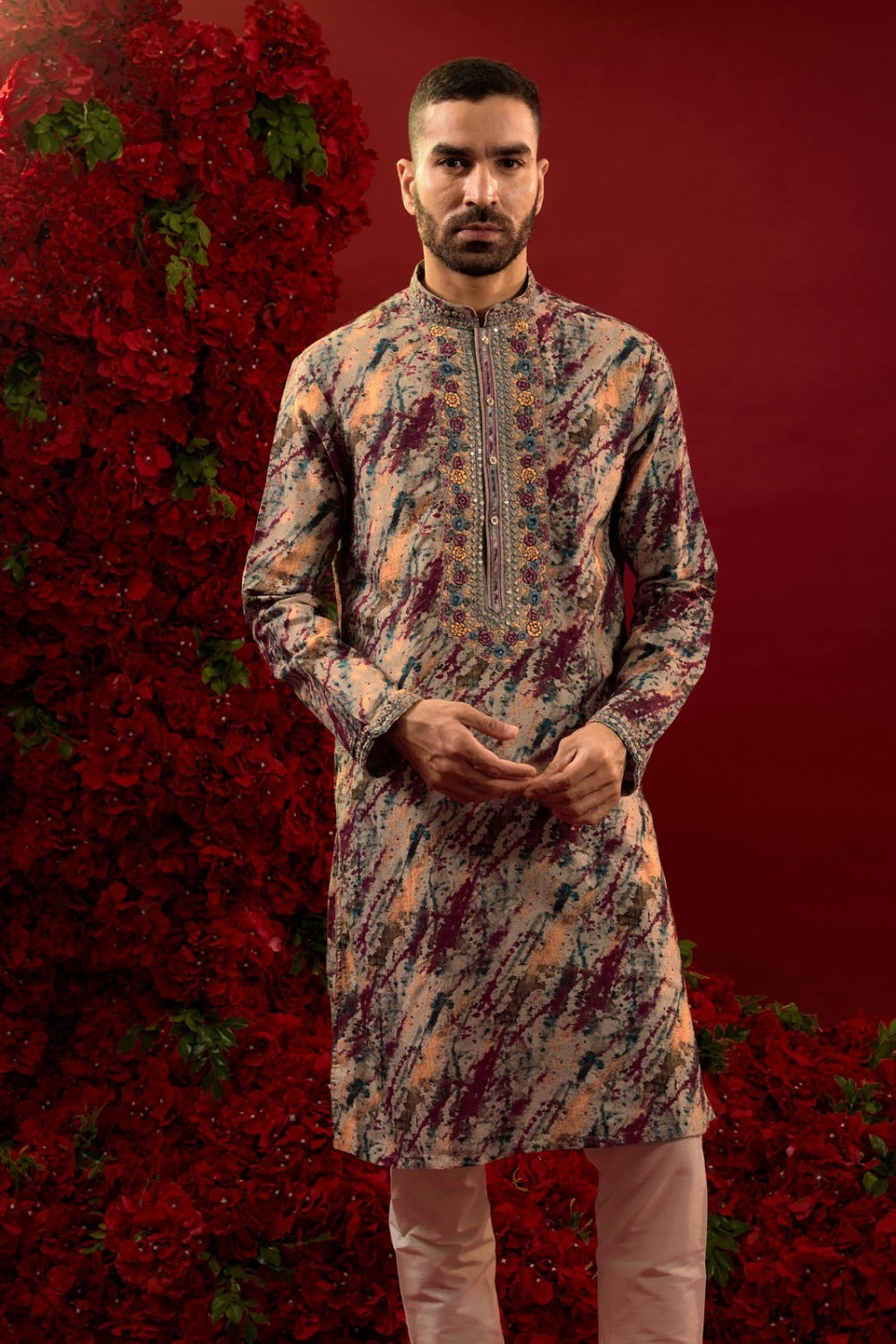 Multicolour silk kurta with machine work