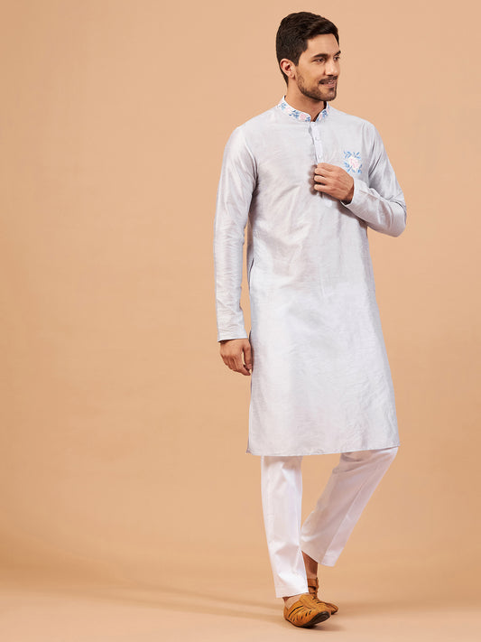 Cadet Grey Semi Raw Silk Thread Embroidered ( only Kurta )
