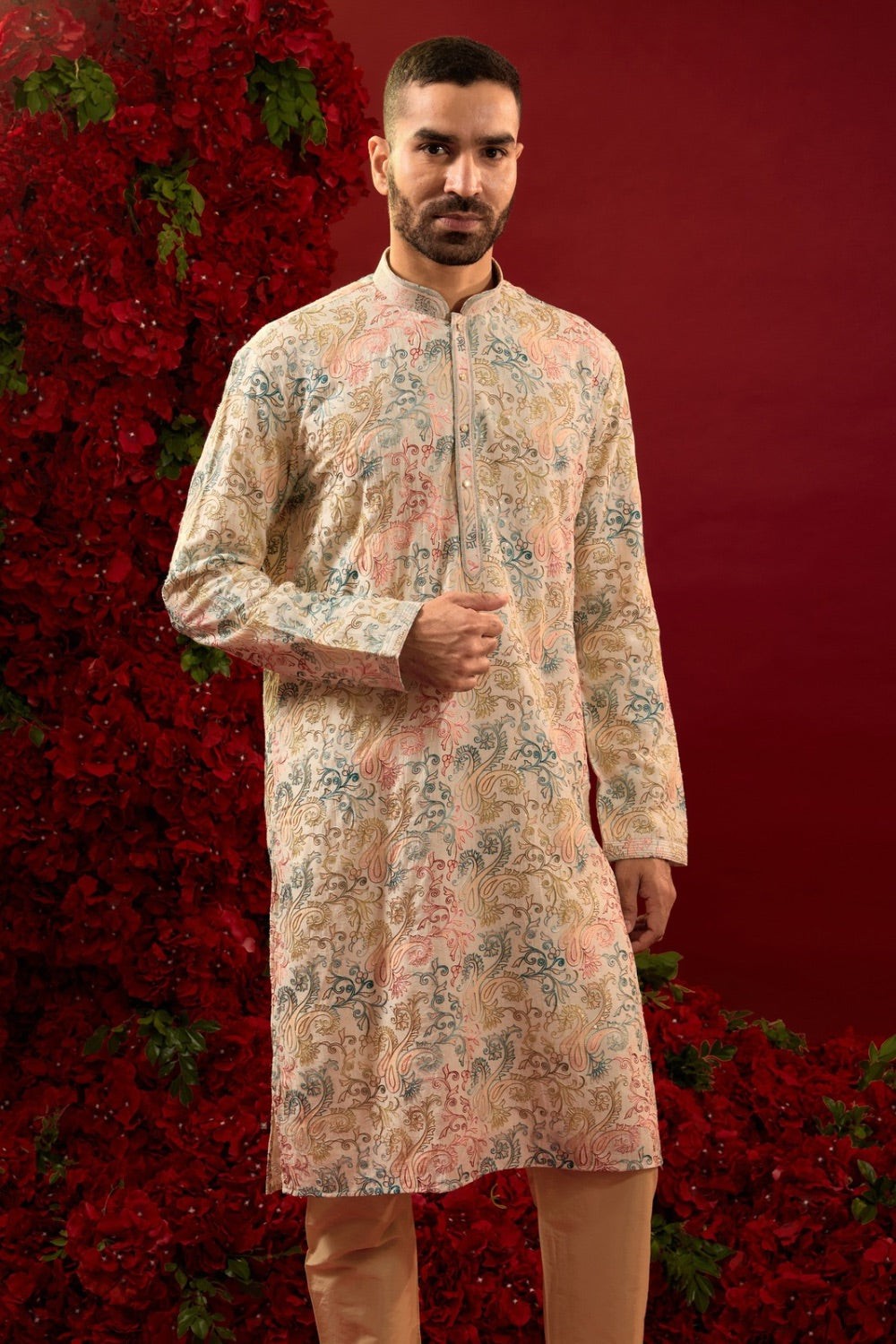 Pink silk kurta & pajama with machine work