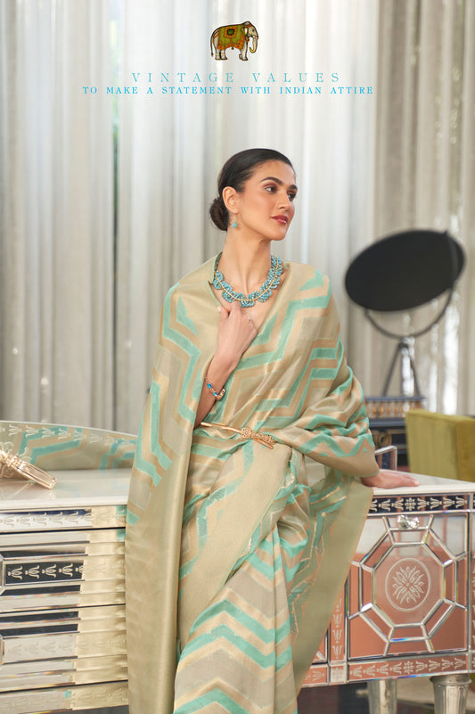 Light Beige Kelena Organza Lehriya Handloom Saree