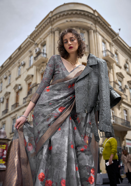 Dark Grey Floral Kinsel Printed Poly Handloom Saree