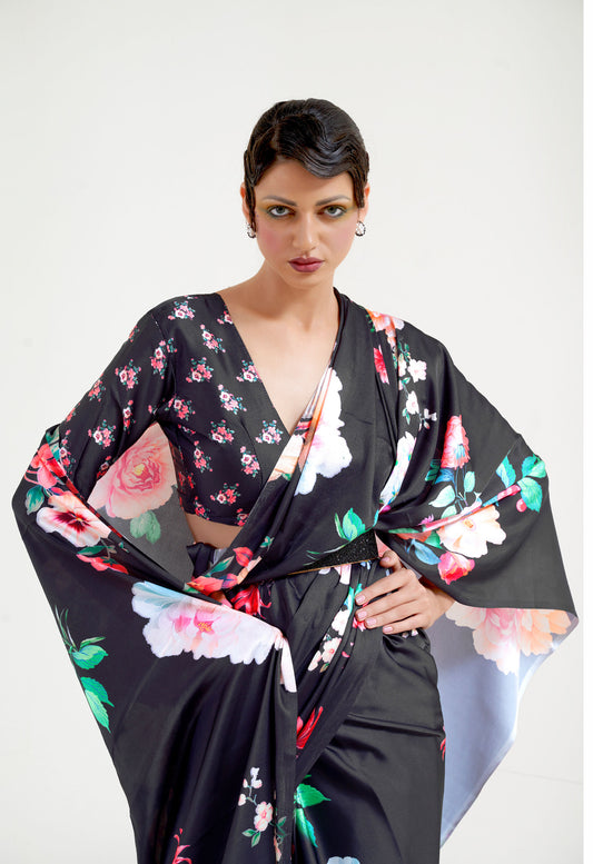 Black Kazo Digital Soft Crepe Printed Saree